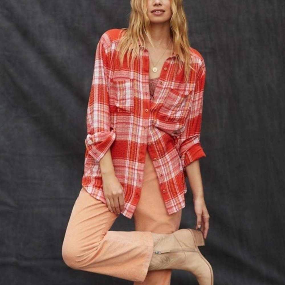 Pilcro Anthropologie Orange Hadley Plaid Button Down Shirt Small